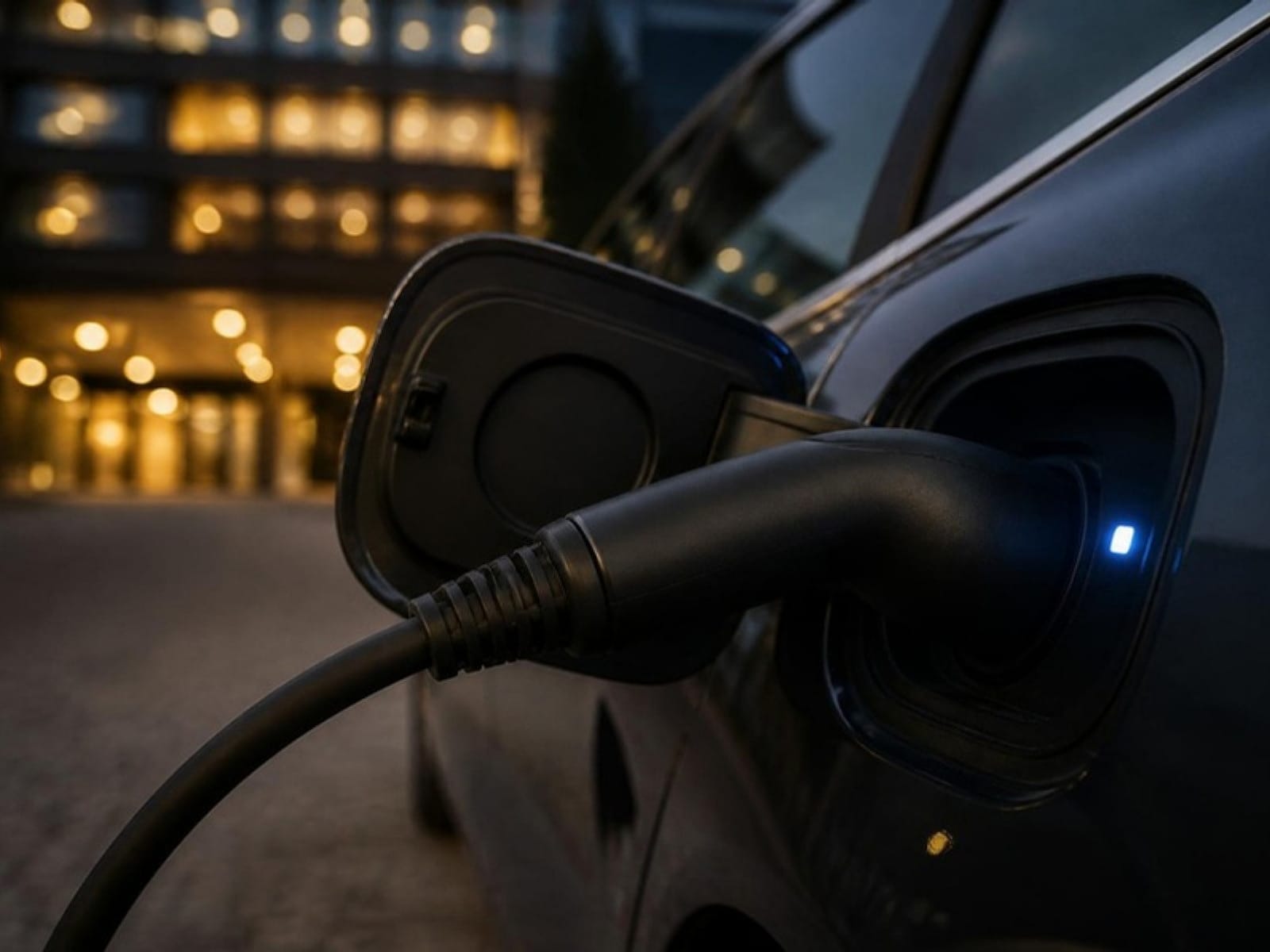 Close-up of an EV charging connector plugged into an electric car