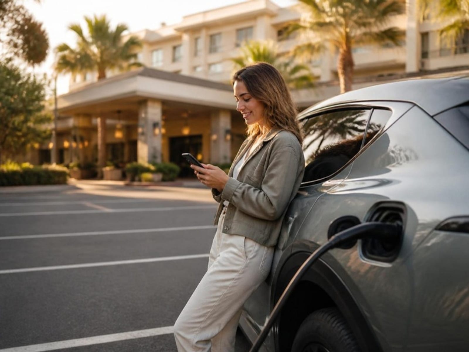 Relaxed traveler checking her phone beside her charging electric car at a hotel