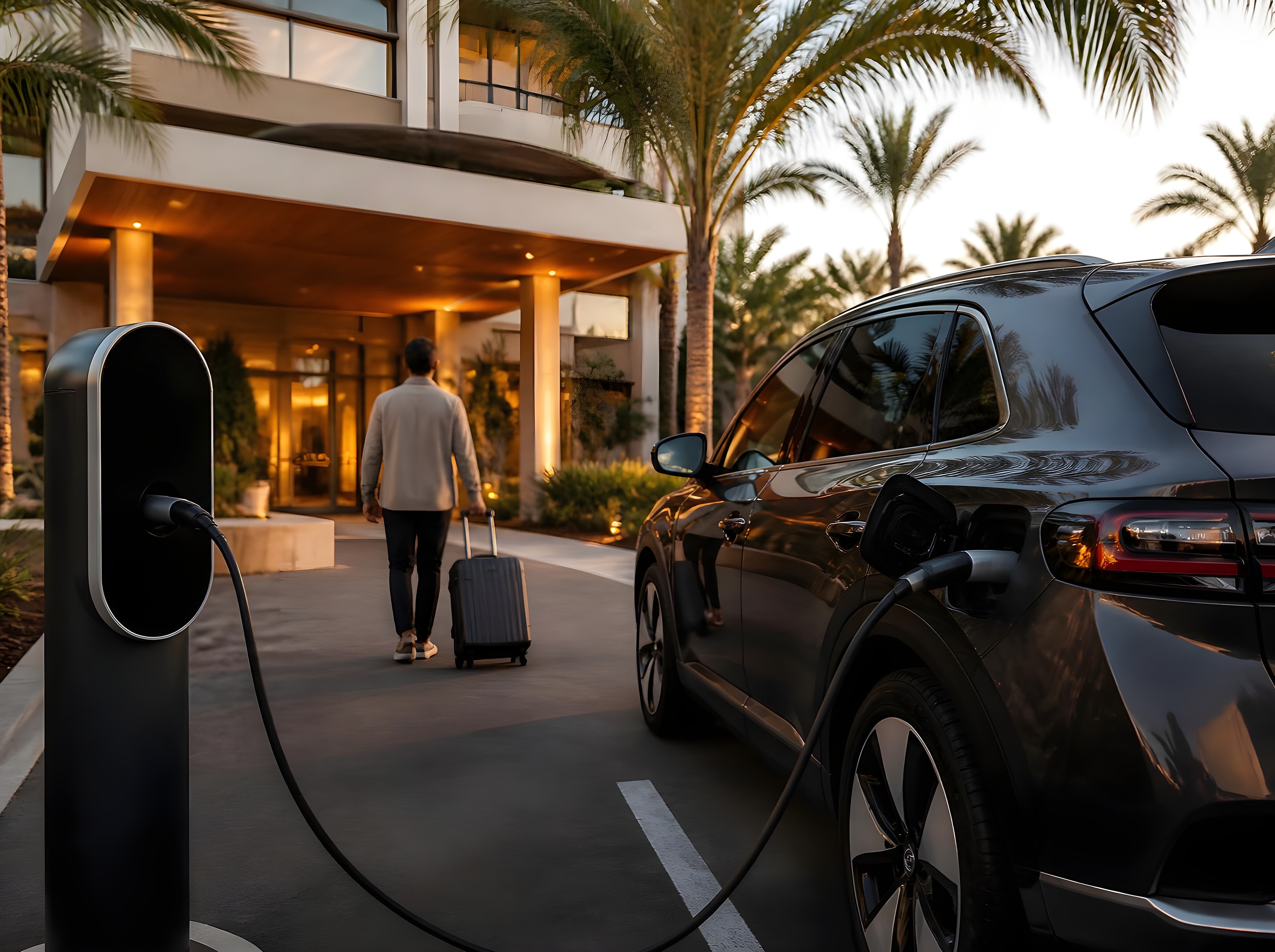 Traveler with a suitcase walking toward a hotel entrance while an EV charges
