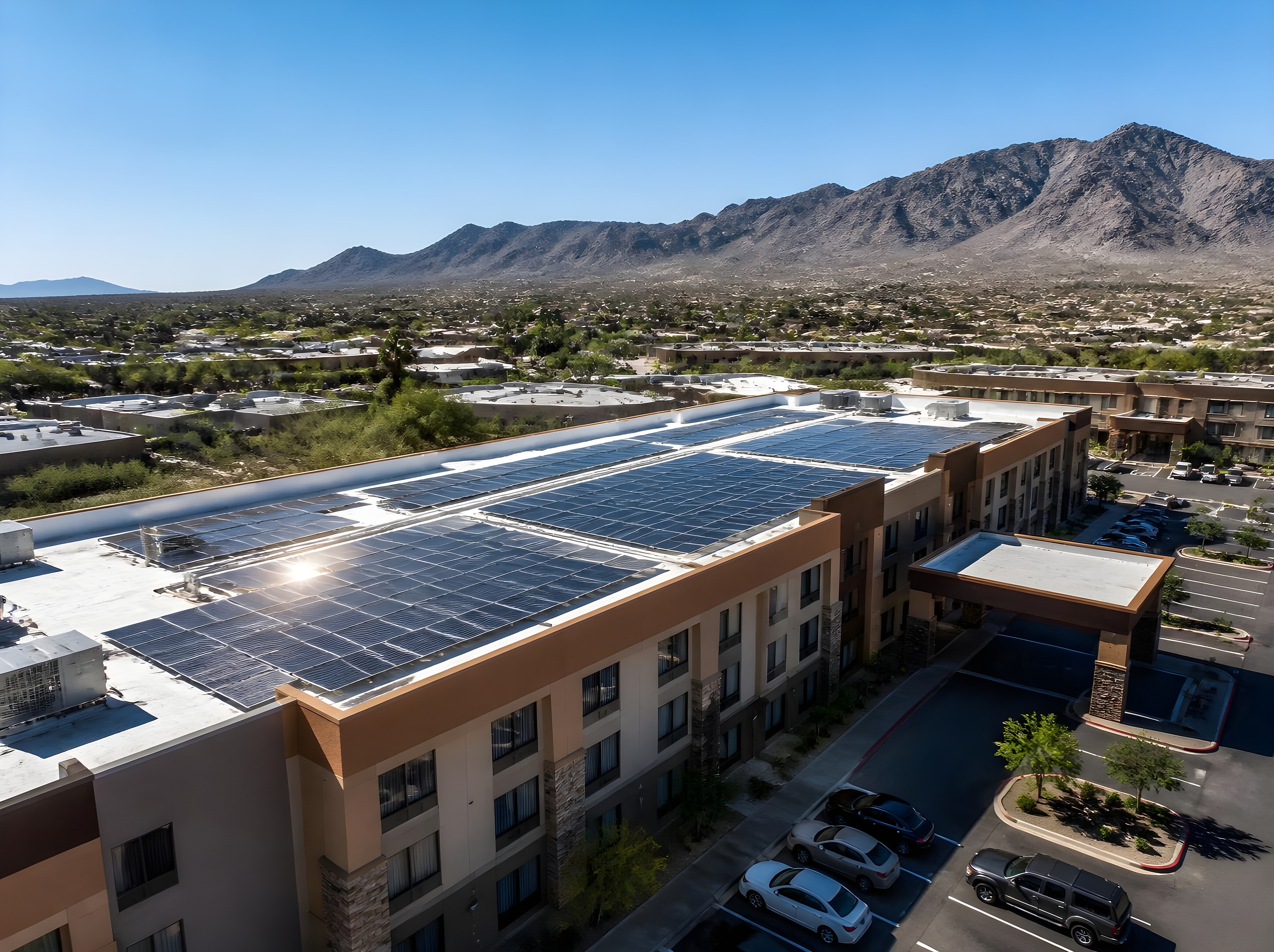 Rooftop solar array on a commercial hotel building
